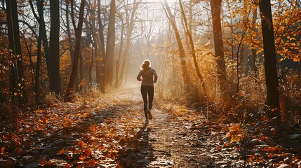 Jogging Through Nature's Path, A Scenic Trail in the Forest Offers the Perfect Setting for an Outdoor Exercise Routine, Enhancing Physical and Mental Health - obrazy, fototapety, plakaty