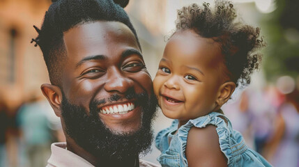 Afro American cheerful father with baby girl smiling at camera. Outdoors portrait for Father's Day concept - obrazy, fototapety, plakaty