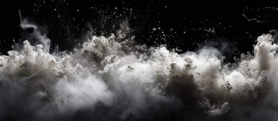 A black and white wave captured in a moment of intense motion, showcasing the contrast between explosive white dust and a dark background. The wave appears dynamic and powerful as it crashes.