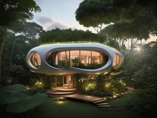 "Straw-Inspired Jungle Haven: AI-Crafted Image of a Rainforest Capsule Cottage Immersed in Nature, With Breathtaking Sky Backdrop, Celebrating Sustainable Living Amidst Tropical Beauty"