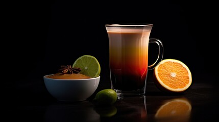 Fototapeta premium Coffee in a glass with orange and lime on a black background