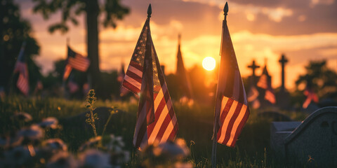 American flags on graves of American veterans in sunset, Military Headstones and Flags Shallow...