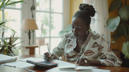 Waist up portrait of mature African American woman in casual clothes sitting by desk at home office using calculator to do paperwork , concept of tax calculation at home, tax report, work from home.