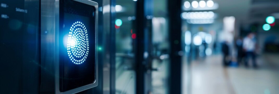 Electronic control machine with finger scan to access on the door of control room or data center, empty corridor with copy space, concept of data privacy, cyber security, identification recognizing.