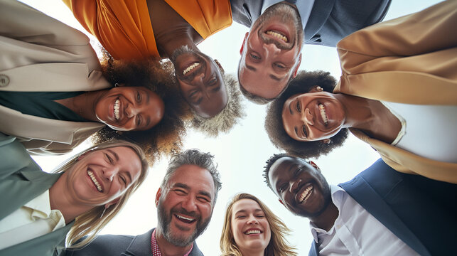 Happy faces of diverse employees team standing in circle, bottom view, looking at camera, smiling businesswomen and businessmen engaged in team building, posing for photo