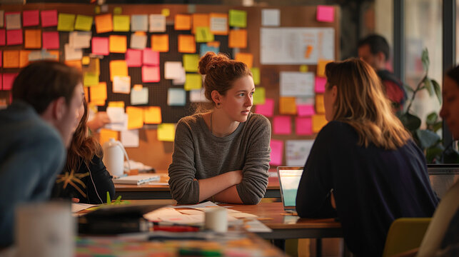 Young creative team professional brain storming with post it notes with ideas on the wall wall to discuss strategy and plans to development grow to success