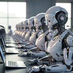 Fototapeta premium Row of robots call center