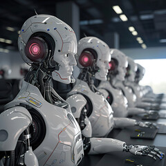 Fototapeta premium Row of robots call center