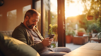 Relaxed Mature Man Using Smartphone on Cozy Home Terrace at Sunset. Modern Lifestyle and Connectivity Concept
