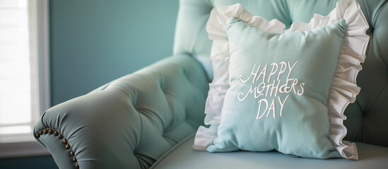 Happy Mothers Day light pastel blue handmade ruffle cushion sofa with handstitched embroidery word white eco crafting mom pillow in loungeroom home modern lux chic campaign craft blog copy space text
 - obrazy, fototapety, plakaty