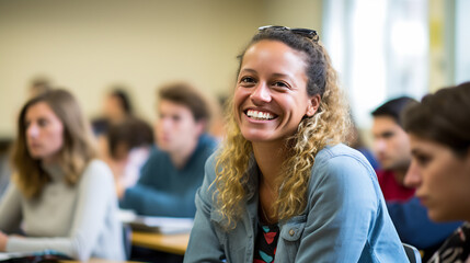 Obraz premium Confident Female Student Smiling in University Lecture Hall. Education and Academic Excellence Concept