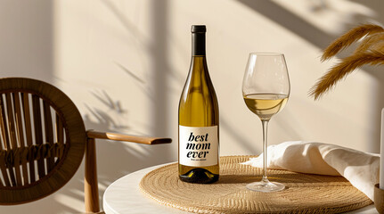 Happy Mother' Day Best Mom Ever label on bottle with white wine glass drink for fancy restaurant mum advert concept copy space alcohol bevrage winery bar promotion modern neutral indoor theme shadows