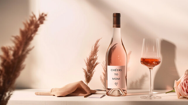 Happy Mothers Day Cheers to Mom label on bottle with pink wine champagne glass drink for lux chic restaurant mum ad concept copy space alcohol beverage winery bar modern neutral indoor theme shadows 