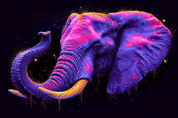 Colorful abstract paint of an elephant head in watercolor style on a black background.Generative AI