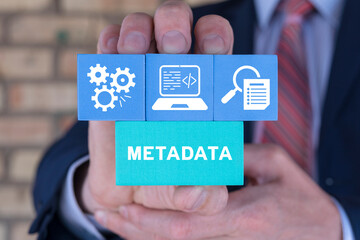 Businessman holding styrofoam blocks sees word: METADATA. Concept of metadata web program coding....