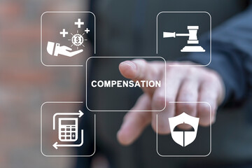 Man using virtual screen presses word: COMPENSATION. Injury, insurance, compensation, legal advice...