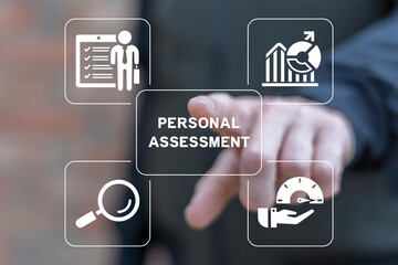 Man using virtual touch screen presses inscription: PERSONAL ASSESSMENT. Personal audit and assessment center business concept. Human resources.