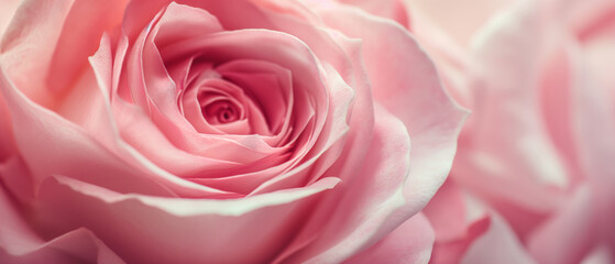 Extreme closeup of a beautiful pink rose in bloom. Petals pattern background. Generative AI.
