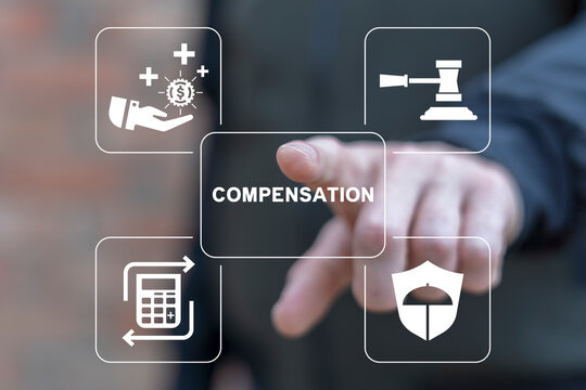 Man using virtual screen presses word: COMPENSATION. Injury, insurance, compensation, legal advice concept. Disability, workplace accident or trauma, attorney for advice, agreement or policy report.