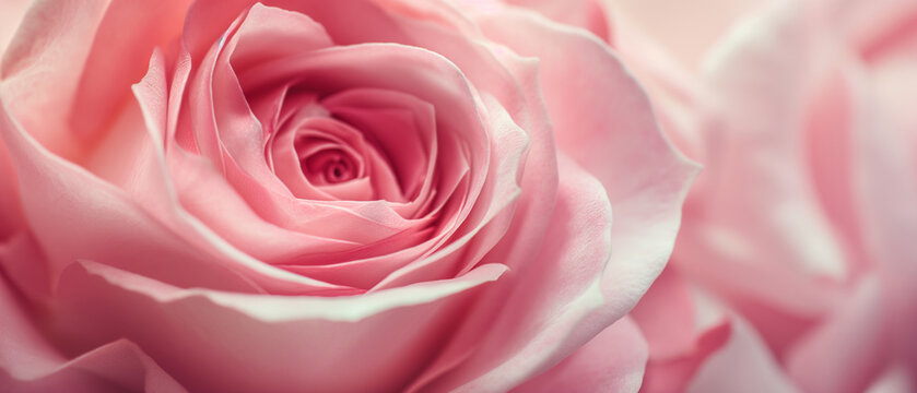 Extreme closeup of a beautiful pink rose in bloom. Petals pattern background. Generative AI.