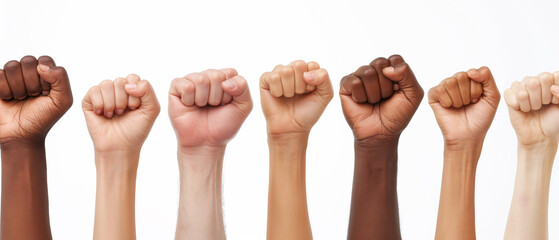 Multiethnic hands raised into fist on white background. Panoramic view. Unity concept Generative AI - obrazy, fototapety, plakaty
