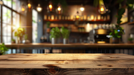 wooden table against the background of a cafe interior