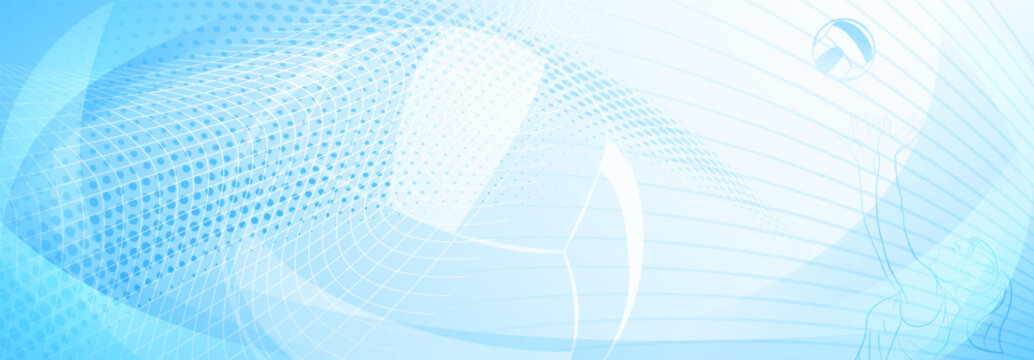 Volleyball themed background in blue tones with abstract meshes, curves and dotted lines, with a female volleyball player hitting the ball
