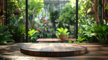 wooden table against the backdrop of a blooming garden