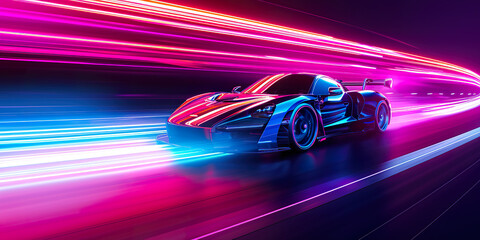 Speeding Sports Car On Neon Highway. Powerful