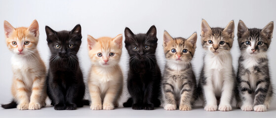 Panoramic. Group of multi colored kittens all looking at lens, on white background. Generative AI.