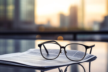Eyeglasses on Newspaper with Urban Skyline at Dawn. The Intersection of Media and Modern Life