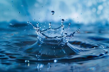 A single splash of water dispersing energetically on a soft blue background, embodying the essence of purity and renewal