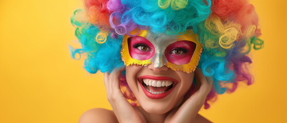 Portrait of beautiful party woman in clown wig and mask smiling on a yellow background. Generative AI