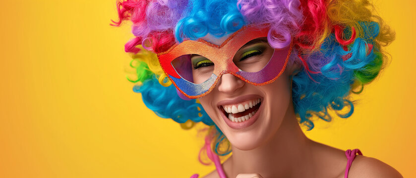 Portrait of beautiful party woman in clown wig and mask smiling on a yellow background. Generative AI