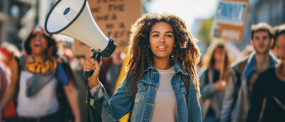 Fototapeta na wymiar Young African American activist leading a protest march holding a megaphone. Generative AI.