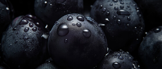 Macro shot of juicy ripe blueberries with water drops. Fresh blueberries background. Generative AI.