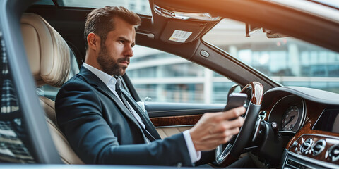 Successful businessman in suit holding smartphone in the car