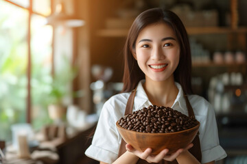 Asian women barista. A smiling Asian barista in an apron holds a bowl of fresh, aromatic coffee beans, ready for brewing in a rustic caf? setting.