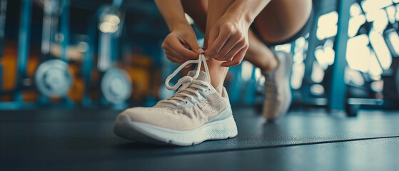 Fototapeta na wymiar Sporty woman tying shoelaces at the gym. Detail on hands. Generative AI.