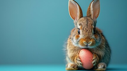 Fototapeta premium A cute easter bunny with an easter egg on a blue background with copy space, an abstract poster for sales and marketing