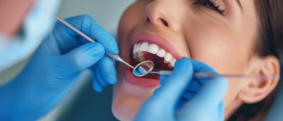 Close-up of dentist's hands examining a patient's teeth. Generative AI.