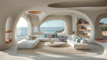  Luxury white interior with stone table. Futuristic interior concept.