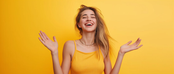 Young joyful blonde caucasian woman with messy hair laughing a lot with hands up. Generative AI.
