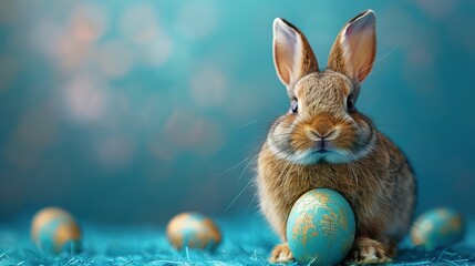 Fototapeta na wymiar A cute easter bunny with an easter egg on a blue background with copy space, an abstract poster for sales and marketing