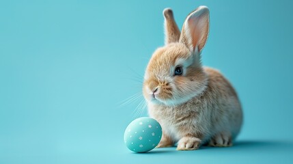 Fototapeta premium A cute easter bunny with an easter egg on a blue background with copy space, an abstract poster for sales and marketing