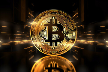Golden bitcoin digital currency shining with reflection on abstract background . Generative AI.
