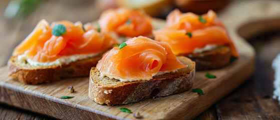 Toasts with smoked salmon garnished with herbs on a wooden board. Generative AI.. - obrazy, fototapety, plakaty