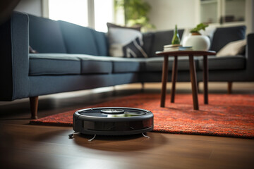 Obraz premium Robotic vacuum cleaner on wood floor in cozy living room. Generative AI.