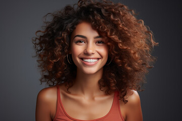 Portrait. Joyful brunette curly hair woman laughing on dark background. Generative AI;
