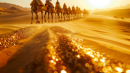 caravan of camels going beyond the horizon under the scorching rays of the sun. - obrazy, fototapety, plakaty